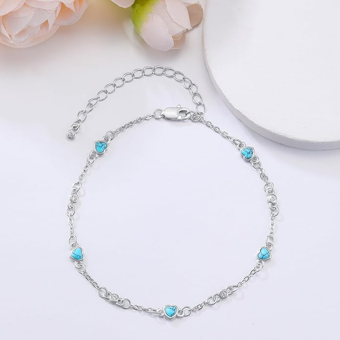 Anklet Bracelet for Women 925 Sterling Silver Natural Stone Chain Ankle Bracelet Beach Summer Fine Jewelry Valentines Day Birthday Gifts for Her Mom Wife