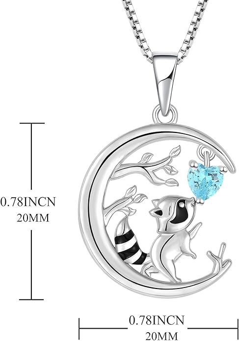 STARCHENIE Raccoon Necklace 925 Sterling Silver Heart Birthstone Pendant Cute Animal Jewelry for Women
