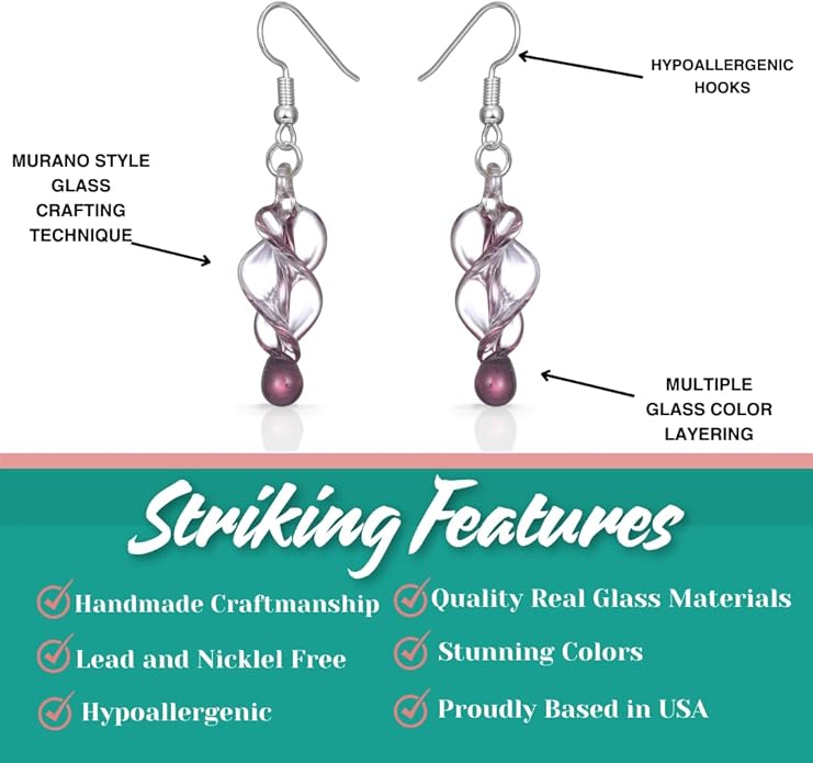 BESHEEK Handmade Earrings Murano Glass Inspired Unique Blue Purple Black Tornado Twirl Glass Dangle Drop Earrings for Women Hypoallergenic Earrings Jewelry