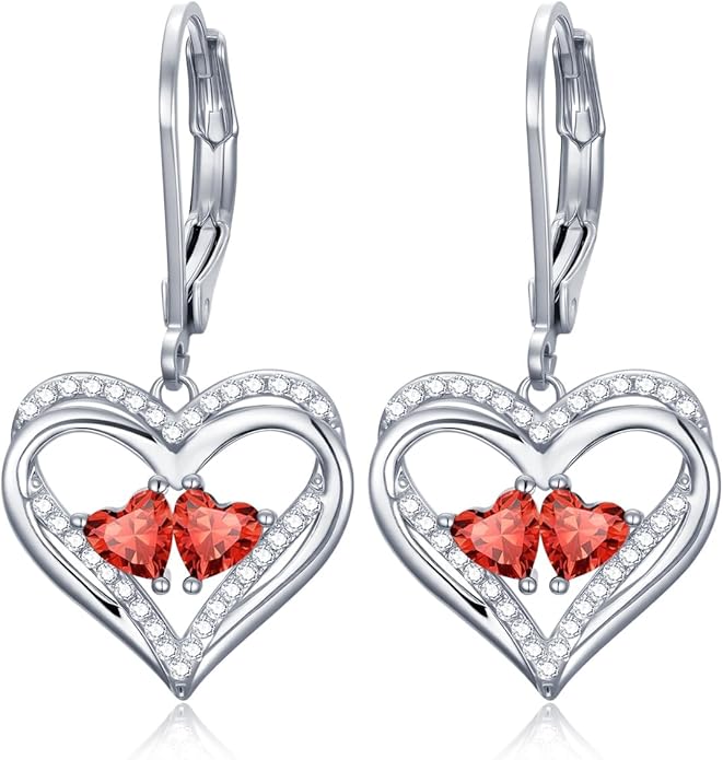 Valentines Day Gifts for Women, Heart Leverback Earrings Double Birthstone Dangle Earrings for Women, Love Jewelry for Her, Anniversary Birthday Gift for Mom Wife Girlfriend