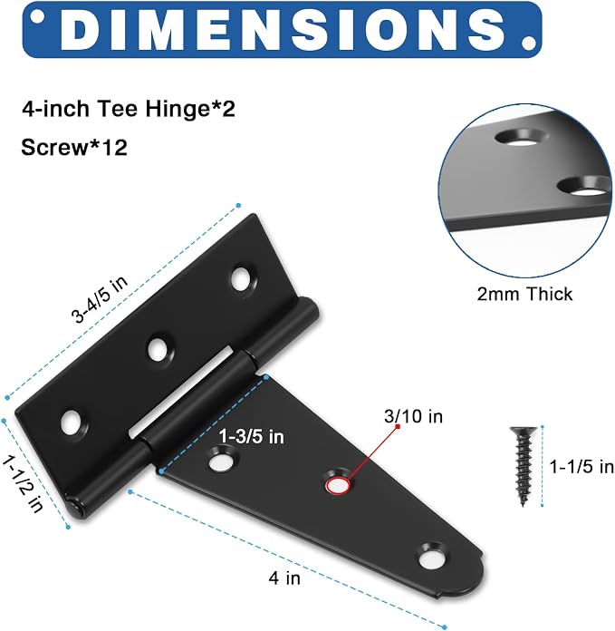 4 Inch T-Strap Gate Hinges, Heavy Duty Black Barn Door Hinges, 2 Pack | T-Strap - Image 2