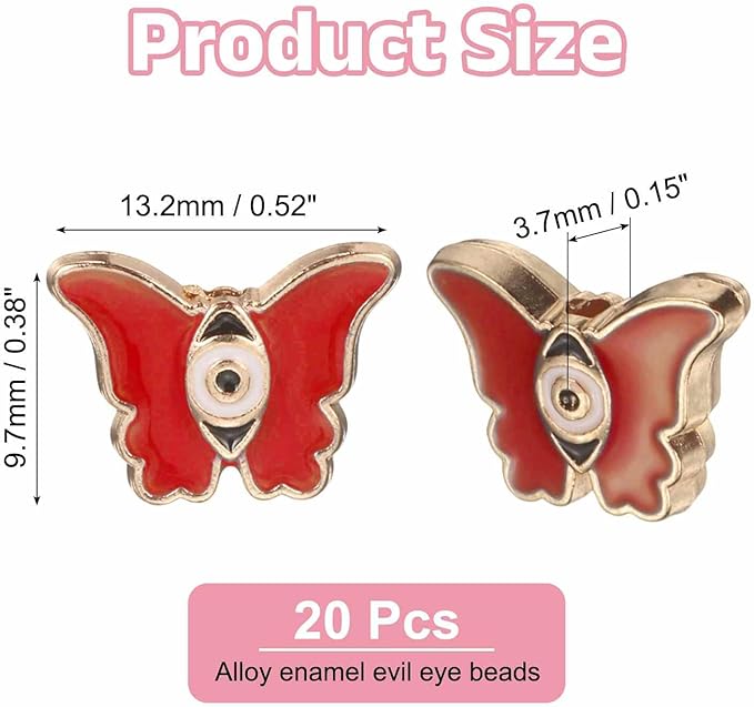 MECCANIXITY 20 Pcs Butterfly Evil Eye Beads Colorful Flat Loose Spacer Evil Eye Charms for DIY Bracelet Earrings Necklace Crafts Jewelry Making, Red