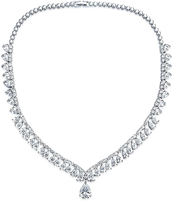 Bridal Jewelry Set Art Deco Vintage Estate Style Cubic Zirconia Marquise Leaf Teardrop AAA CZ Statement Cleavage Choker Necklace & Chandelier Dangle Clip On Or Pierced Earrings For Women Pageant