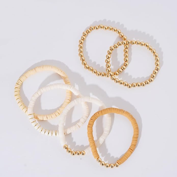 GOOJIDS Surfer Heishi Clay Bead Bracelets for Women Bohemian Stackable Gold Plated Beaded Stretch Bracelets Elastic Layering Friendship Bracelets Set Boho Jewelry