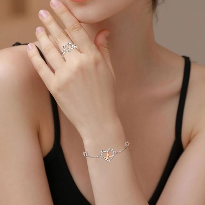 INFUSEU 925 Sterling Silver Initial Heart Ring for Women Girls, Adjustable Size