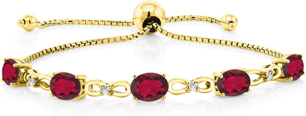 Gem Stone King 7X5MM Oval Cut Gemstone Birthstone and Accent Lab Grown Diamond Tennis Bracelet For Women In 18K Yellow Gold Plated Silver | Adjustable Bolo Bracelet For Women | Easy-On Easy-Off