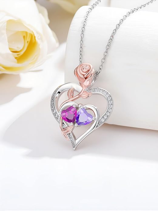 Rose Flower Heart Pendant for Women Birthday Gifts 18k Gold Plated Mother Daughter Necklace with 12 Months Birthstone Christmas Valentines Day Gifts for Her Mom Anniversarry Jewelry for Mom Wife Girlfriend