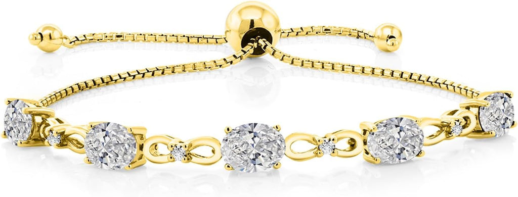Gem Stone King 7X5MM Oval Cut Gemstone Birthstone and Accent Lab Grown Diamond Tennis Bracelet For Women In 18K Yellow Gold Plated Silver | Adjustable Bolo Bracelet For Women | Easy-On Easy-Off