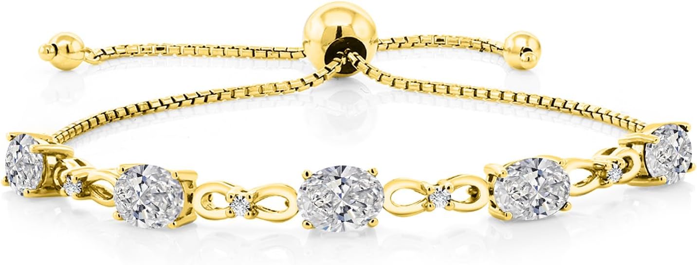 Gem Stone King 7X5MM Oval Cut Gemstone Birthstone and Accent Lab Grown Diamond Tennis Bracelet For Women In 18K Yellow Gold Plated Silver | Adjustable Bolo Bracelet For Women | Easy-On Easy-Off