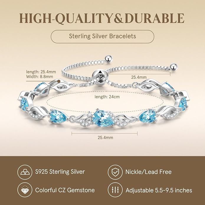 FANCIME Birthstone Teardrop Tennis Bracelet for Women, Sterling Silver 9x7mm main Gemstone Bolo Adjustable Chain Bracelet Fine Jewelry Birthday Gifts for Women Mom Wife Her