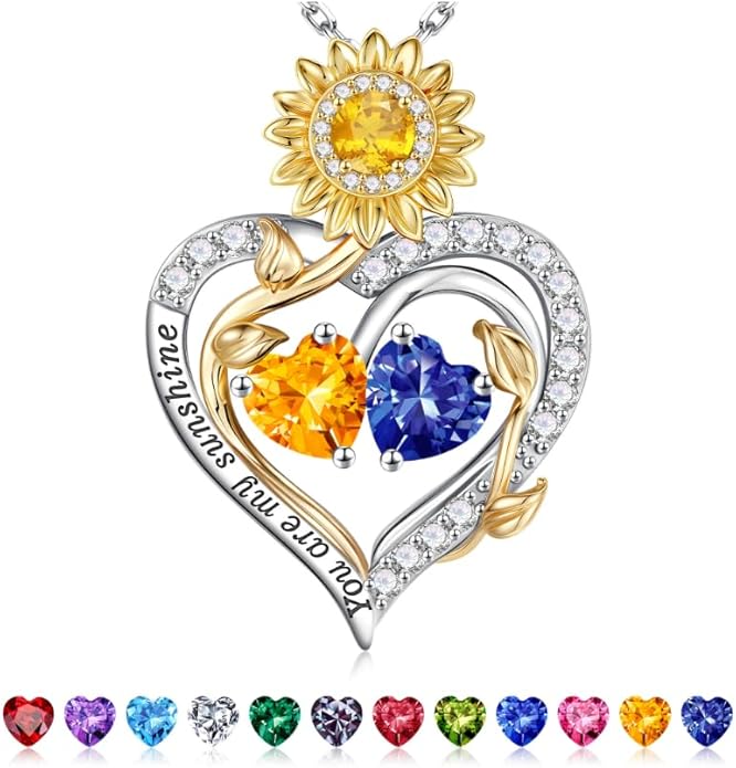 Iefil Valentines Day Gifts for Her - 925 Sterling Silver Sunflower Double Birthstone Necklace for Women, Anniversary Birthday Gifts for Wife, You Are My Sunshine Necklaces, Jewelry for Wife Mom