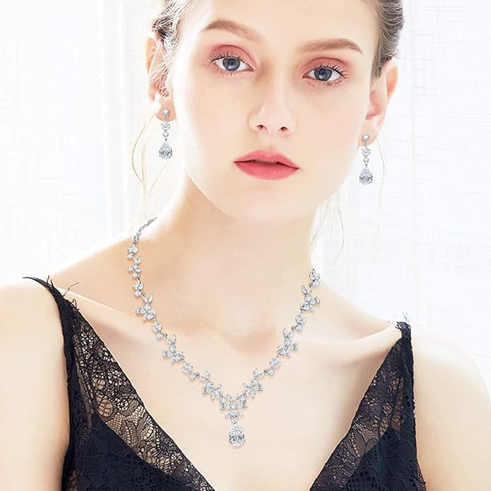Hadskiss Jewelry Set for Women, Necklace Dangle Earrings Bracelet Set with White AAA Cubic Zirconia, Allergy Free Wedding Party Jewelry for Bridal Bridesmaid