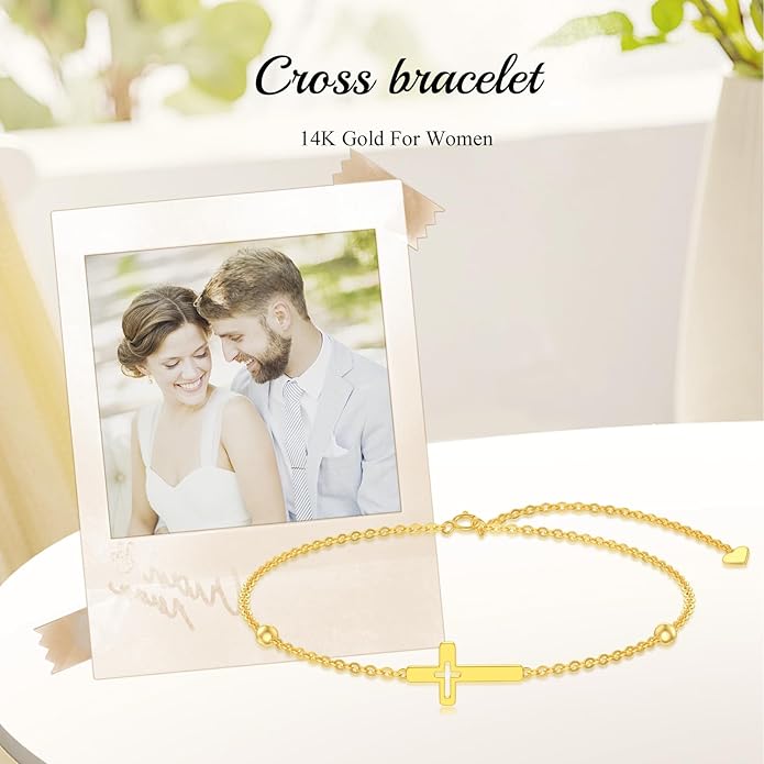 Solid 14K Gold Cross/Heart Anklet for Women, Real Gold Cross Bracelet Adjustable Beach Foot Ankle Bracelet Religious Fine Jewelry Gifts for Her Wife Mom Nana