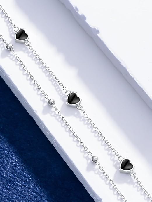 Birthstone Anklet/Bracelets for Women 925 Sterling Silver Charm Link Double Strand Heart Birthstone Jewelry Gift for Wife Women Mother's Day Gift