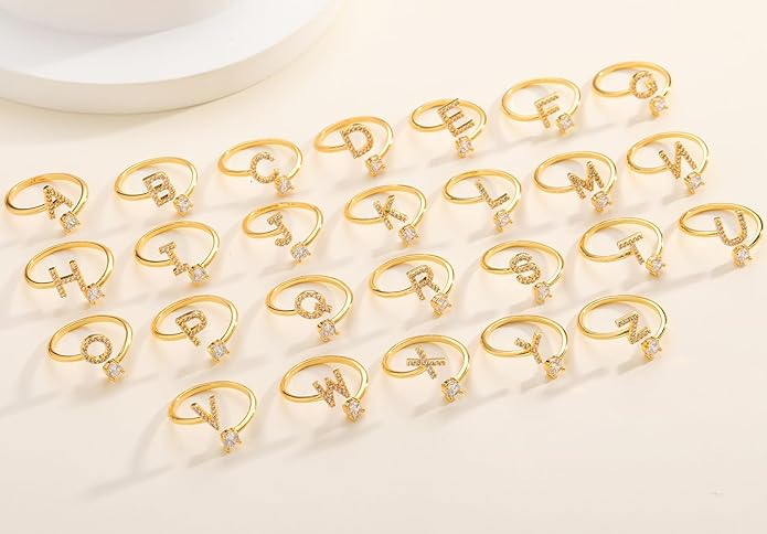 Valentines Day Gifts Gold Silver Initial Rings for Women Non Tarnish Dainty 14k Gold Plated Stackable Rings for Women Trendy Adjustable Letter Cubic Zirconia Pinky Ring Cute Open Birthday Gift Jewelry