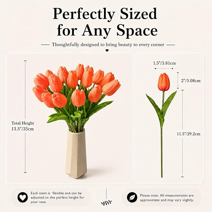 Mandy's 20pcs Artificial Dark Orange Tulips | 13.5 Inch Lifelike PU Tulips Faux - Image 3