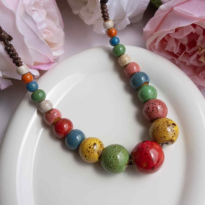 Boho Round Colorful Ceramic Beaded Necklace, Adjustable Hippie Statement Necklace, Handmade Ethnic Jewelry Gift for Women