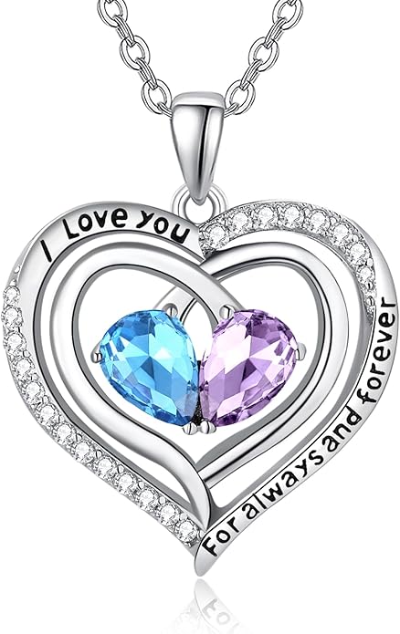 Valentine's Day Gifts for Wife 925 Sterling Silver Double Birthstone Pendant Necklaces I Love You for Always and Forever Necklace Anniversary Birthday Gifts for Wife Girlfriend Mom Her