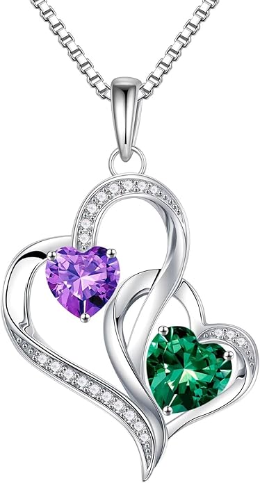 Iefil Valentines Day Gifts for Her - 925 Sterling Silver Double Birthstone Necklace, Heart Necklaces for Women, Anniversary Birthday Gifts, Personalized Jewelry Gift for Wife Mom Girlfriend