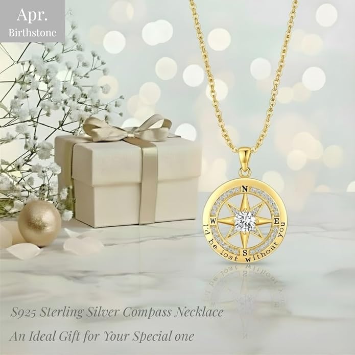 Compass Necklace for Women Wife Girlfriend Mom Daughter Gifts S925 Sterling Silver Jewelry For Anniversary Rose Gold Gifts For Birthday Christmas Mothers Valentines Day 12 Birthstones