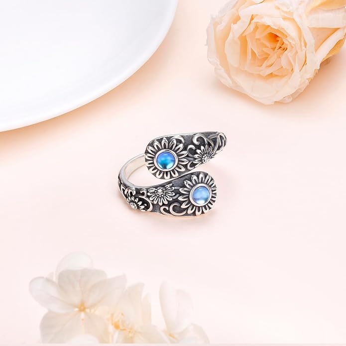 925 Sterling Silver Hummingbird/Sunflower Turquoise/Moonstone/Lily of the Valley Flower Spoon Ring Adjustable Open Ring Statement Thumb Ring Jewelry for Women