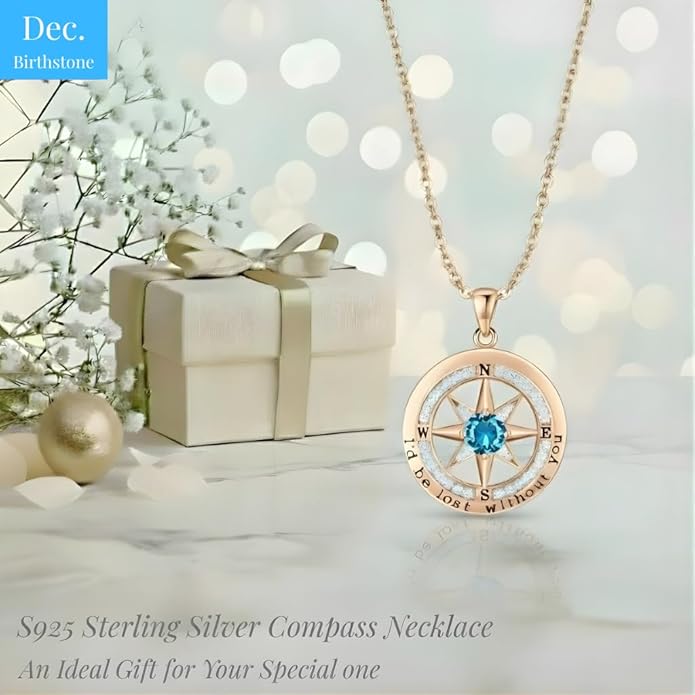 Compass Necklace for Women Wife Girlfriend Mom Daughter Gifts S925 Sterling Silver Jewelry For Anniversary Rose Gold Gifts For Birthday Christmas Mothers Valentines Day 12 Birthstones