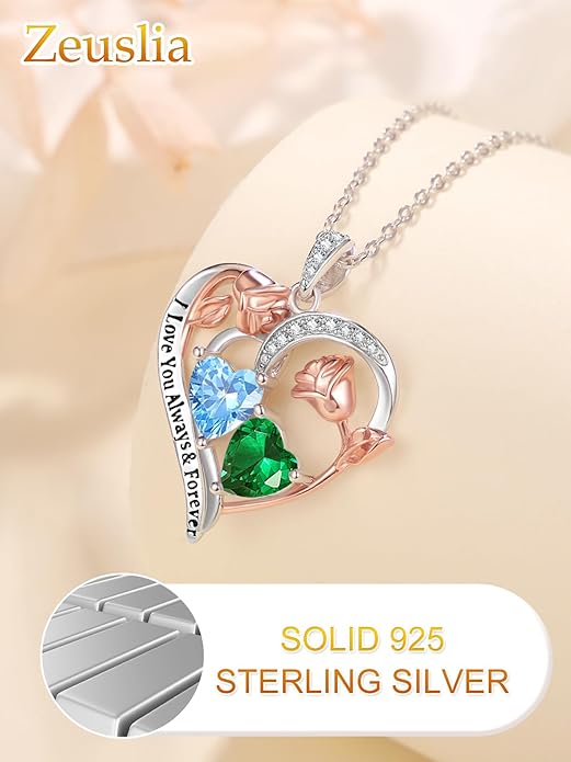 Valentine's Day Gifts for Wife 925 Sterling Silver Double Birthstone Pendant Necklaces I Love You for Always and Forever Necklace Anniversary Birthday Gifts for Wife Girlfriend Mom Her