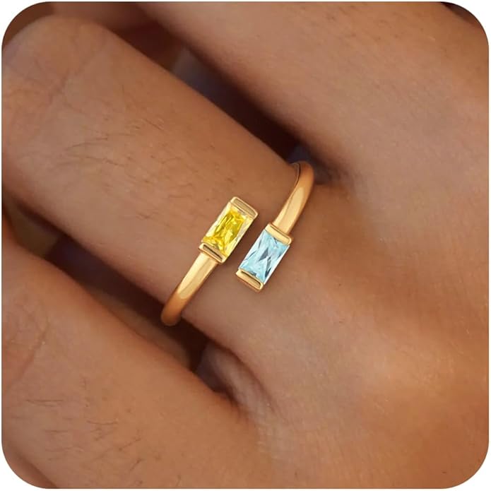 Honsny Gold Birthstone Rings for Women Non Tarnish 14K Gold Plated Adjustable Emerald Ring Cubic Zirconia Gemstone Promise Ring for Her Engagement Personalized Waterproof Jewelry Gifts for Birthday