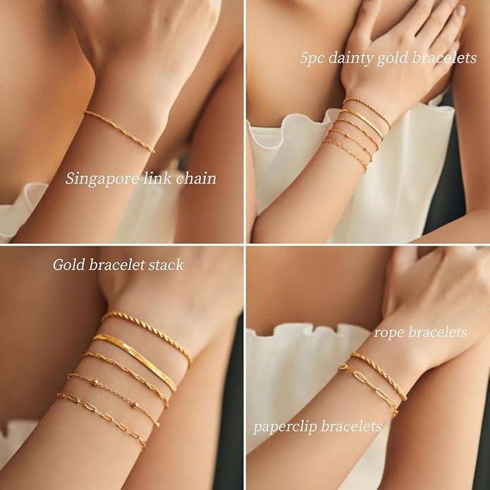 Gold Bracelets Set for Women Non Tarnish Trendy,14K Gold Plated Dainty Stackable Paperclip Cuban Link Chain Bracelets, Simple Cute Cuff Bracelets Jewelry Set Adjustable 7"+2"
