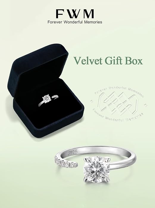 FWM Round Cut Moissanite Simple Open Rings for Women, Adjustable Ring, Solid Sterling Silver With Gold Plated, Stackable Wedding Band, Anniversary Valentines Mothers Day Christmas Gift