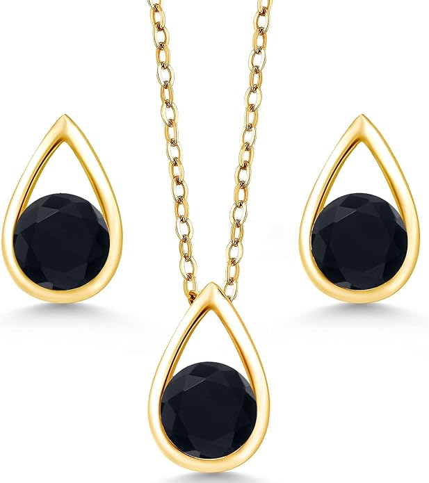 Gem Stone King 18K Yellow Gold Plated Silver 5MM Round Gemstone Birthstone Teardrop Pendant Earrings Set | Jewelry Set for Women | With 18 Inch Chain
