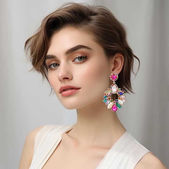 Fashion Rhinestone Statement Drop Dangle Earrings Large Colorful Crystal Chandelier Earrings for Women Bridal Wedding Party Prom