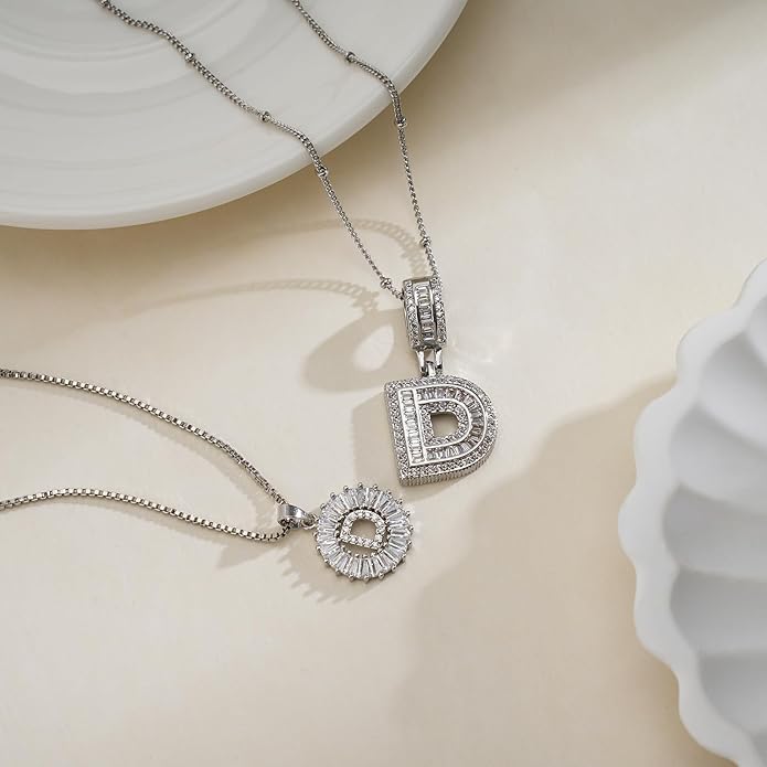 Initial Letter Necklace for Women 14k White Gold Silver Plated Dainty Necklaces Trendy Chunky Custom Layered Necklace Set Personalized Round Circle Zirconia A-Z Letter Chain Pendant Jewelry Gift