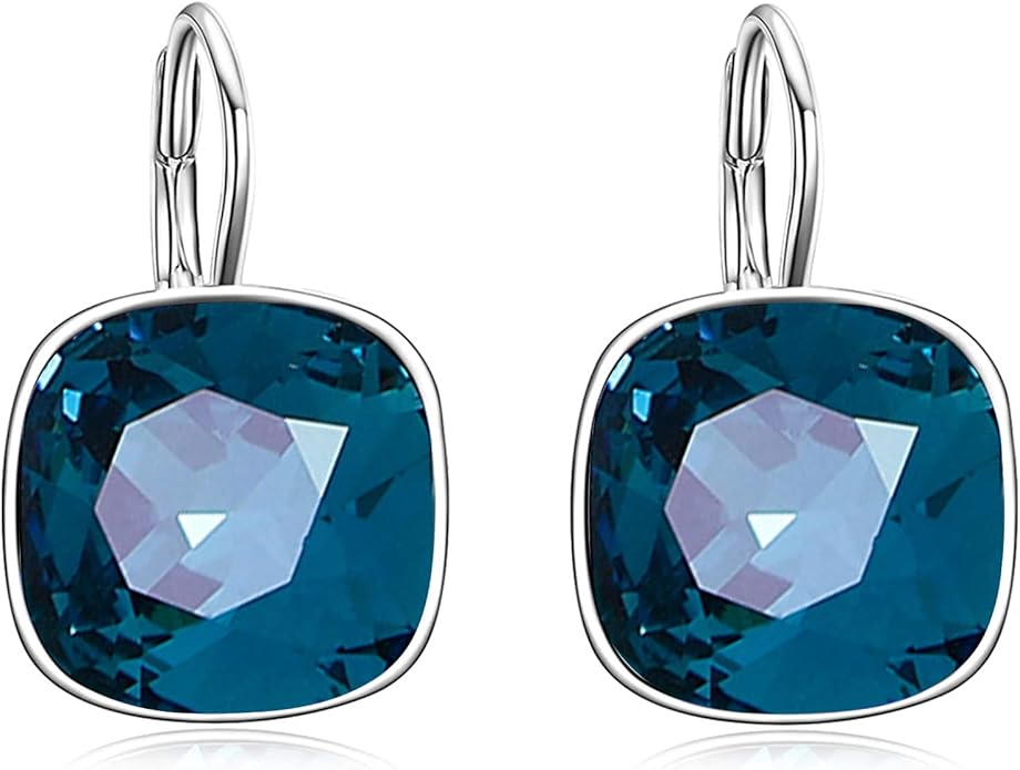 AOBOCO Sterling Silver Leverback Earrings Embellished with Crystals from Austria, Hypoallergenic Cushion Cut Square Crystal Earrings, Fine Anniversary Birthday Jewelry Gifts for Women