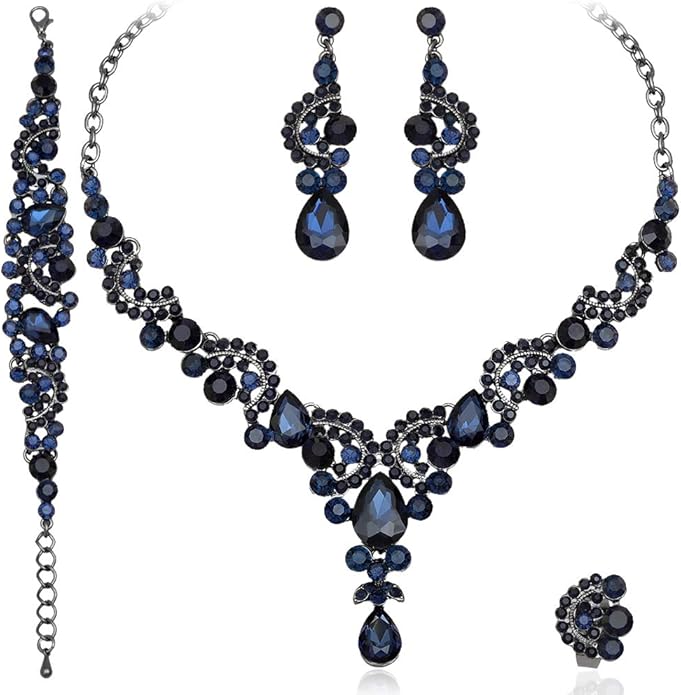 CSY Elegant Crystal Necklace Earrings Bracelet Ring Bridal Wedding Party Costume Jewelry Sets for Brides Women