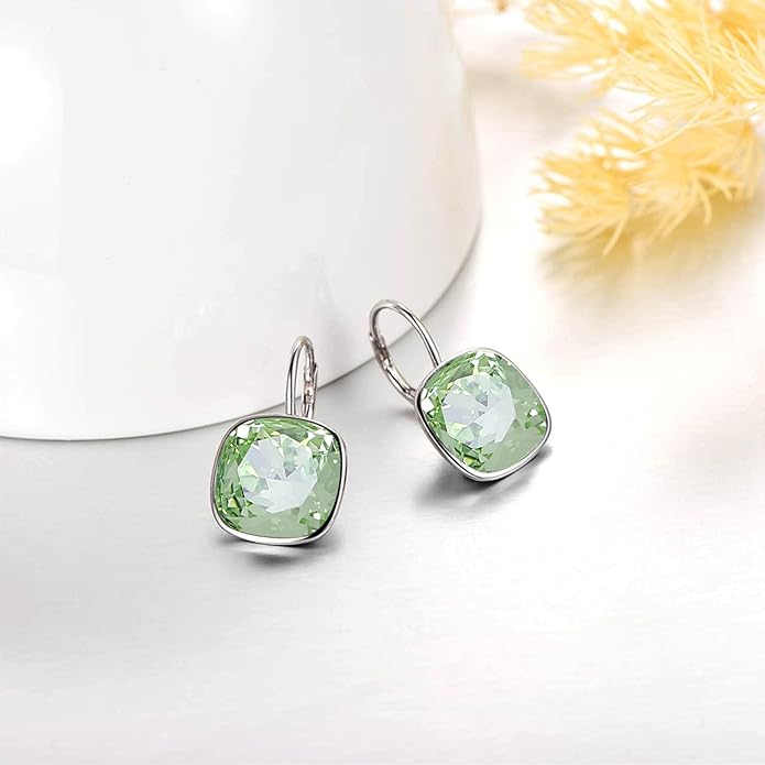 AOBOCO Sterling Silver Leverback Earrings Embellished with Crystals from Austria, Hypoallergenic Cushion Cut Square Crystal Earrings, Fine Anniversary Birthday Jewelry Gifts for Women
