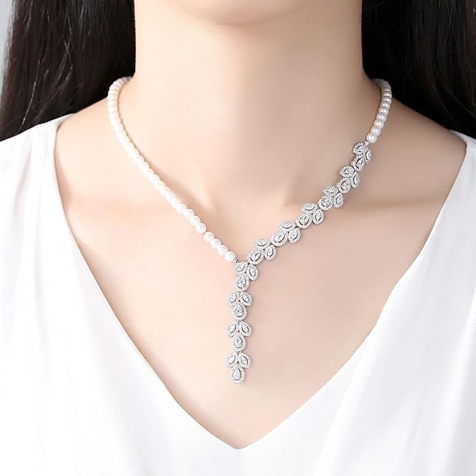 14K Gold & Freshwater Pearl Jewelry Set, Natural Crystal Necklace & Pearl Dangle Earrings, Luxury Bridal/Wedding Fashion Accessory