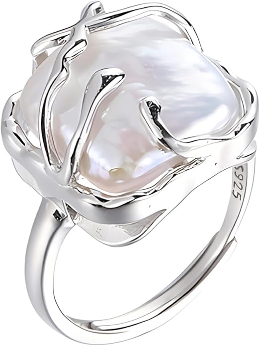 HETICA Irregular Pearl Silver Ring for Women Baroque Pearl Ring Fashion Statement Ring Jewelry Gift