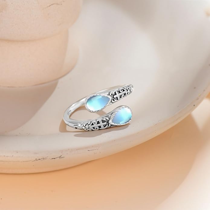 Moonstone Ring for Women 925 Sterling Silver Adjustable Open Ring Boho Statement Jewelry Gift for Her