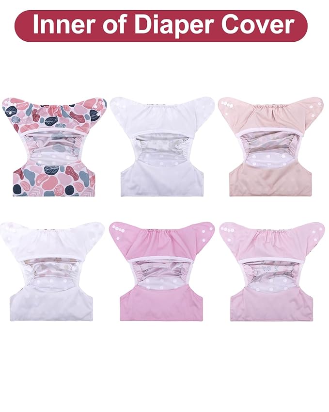 babygoal Cloth Diaper Covers 6 Pack with Wet Bag for Fitted Diapers and Prefolds with Double Gussets, Adjustable and Reusable for Baby Girls 6DCF15-B