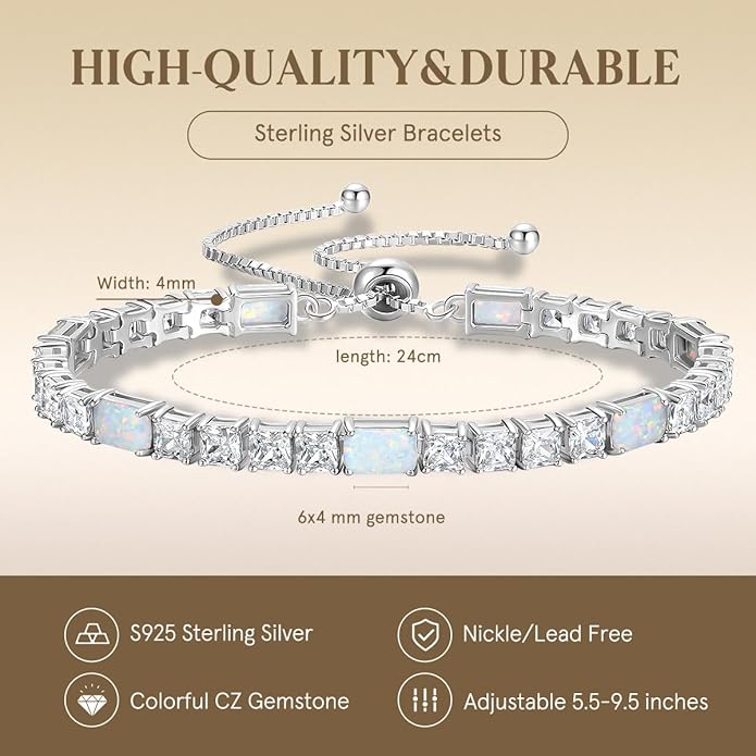 FANCIME Birthstone Bracelet for Women, Sterling Silver 4x6mm Gemstone Tennis Bracelet Bolo Adjustable Chain Fine Jewelry Birthday Gifts for Women Mom Wife Her