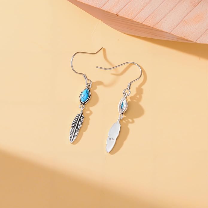 Feather Earrings for Women 925 Sterling Silver Western Boho Drop Dangle Earrings Vintage Feather Jewelry Gifts