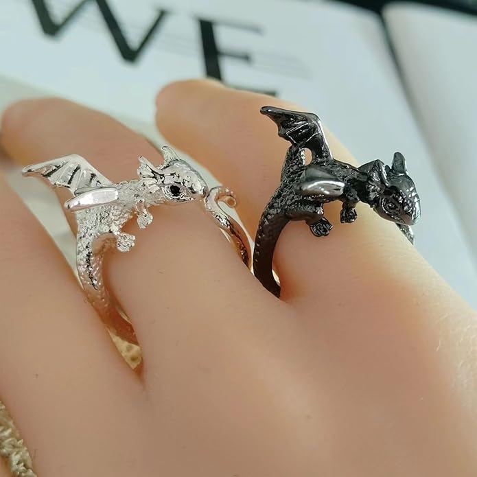 PINK TOWN Dragon Ring for Women - Cute Kawaii Gold and Silver Adjustable Dinosaur Ring - Flying Dragon Animal Shape - Friendship Birthday Party Christmas and Other Jewelry
