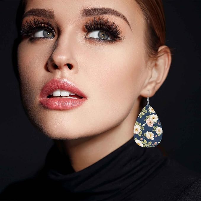 White Floral Leather Teardrop Hook Earrings Retro Wild Flower Peony Daisy Elegant Earrings For Women Friends Dangle Earrings