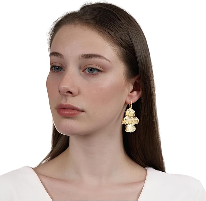 Boho Flower Layered Floral Leaf Drop Dangle Earring For Women,Metal CZ Gold Lightweight Flower Bohemian Gold Petal Exaggerated Jewelry Earrings For Women Brides Party Prom Wedding