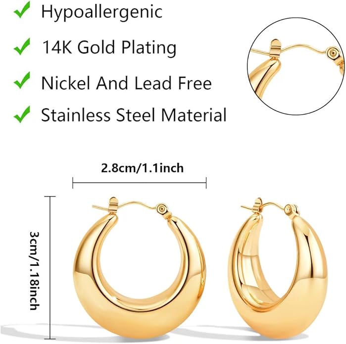 Chunky Gold Hoop Earrings for Women Stainless Steel Cute Fashion Hypoallergenic Earrings Minimalist Jewelry