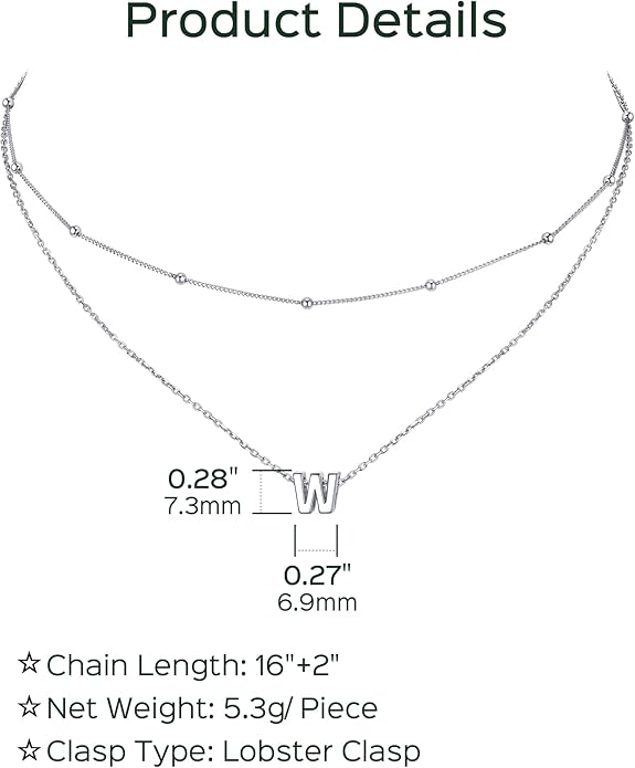 ChicSilver Layered Initial Necklace for Women, 925 Sterling Silver Personalized Letter A-Z Pendant Necklaces, Hypoallergenic Silver Choker with Adjustable 16" Rolo Chain, Dainty Birthday jewelry