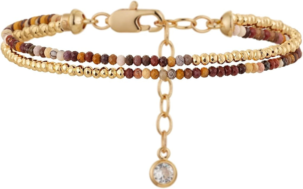MYEARS Women Beaded Bracelet Gold Double Layer Gemstone 14K Simple Dainty Handmade Chain Everyday Boho Beach Jewelry