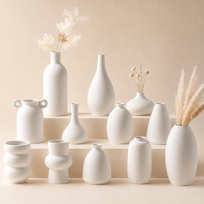Set of 12 White Ceramic Vase for Pampas Grass Flowers, Japandi Small Vases in by Parlamain