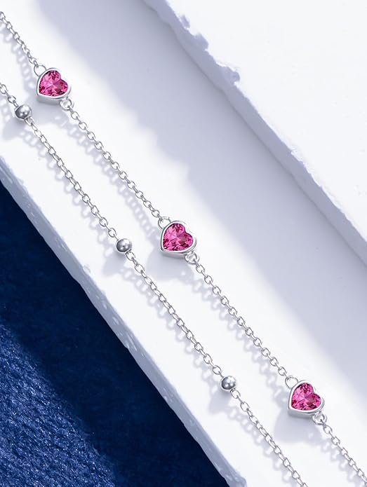 Birthstone Anklet/Bracelets for Women 925 Sterling Silver Charm Link Double Strand Heart Birthstone Jewelry Gift for Wife Women Mother's Day Gift